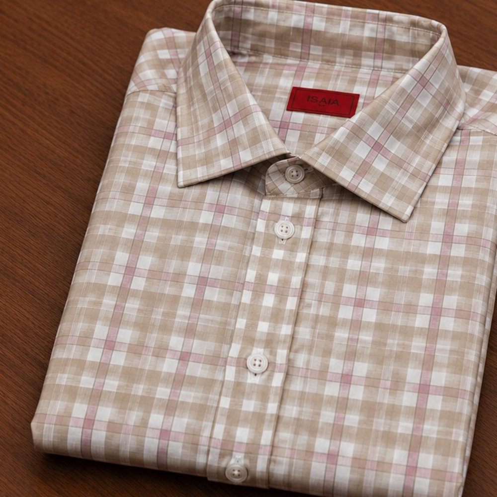 Isaia Beige and Pink Plaid Dress Shirt